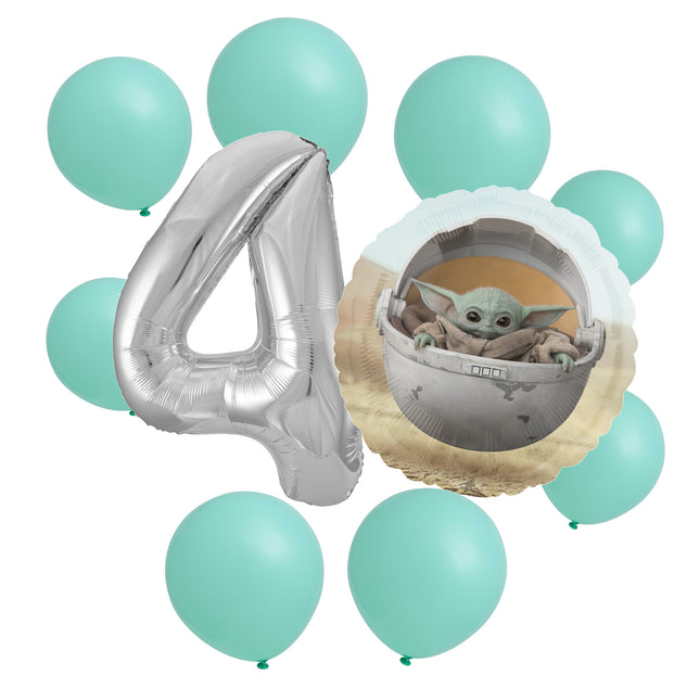 Star Wars Grogu 4th birthday set main: number 4 foil, themed foil and 8 matching latex balloons