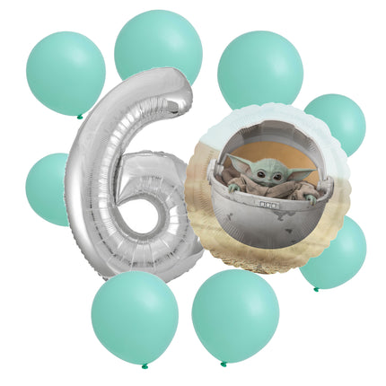 Star Wars Grogu 6th birthday set main: number 6 foil, themed foil and 8 matching latex balloons