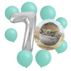 Star Wars Grogu 7th birthday set main: number 7 foil, themed foil and 8 matching latex balloons