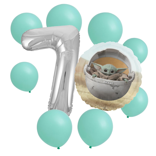 Star Wars Grogu 7th birthday set main: number 7 foil, themed foil and 8 matching latex balloons