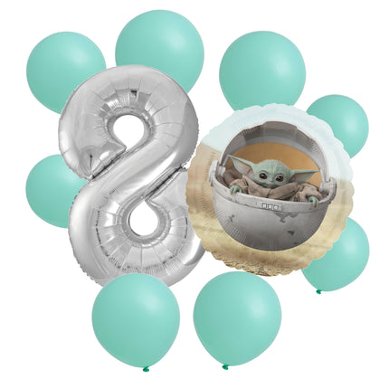 Star Wars Grogu 8th birthday set main: number 8 foil, themed foil and 8 matching latex balloons
