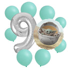 Star Wars Grogu 9th birthday set main: number 9 foil, themed foil and 8 matching latex balloons