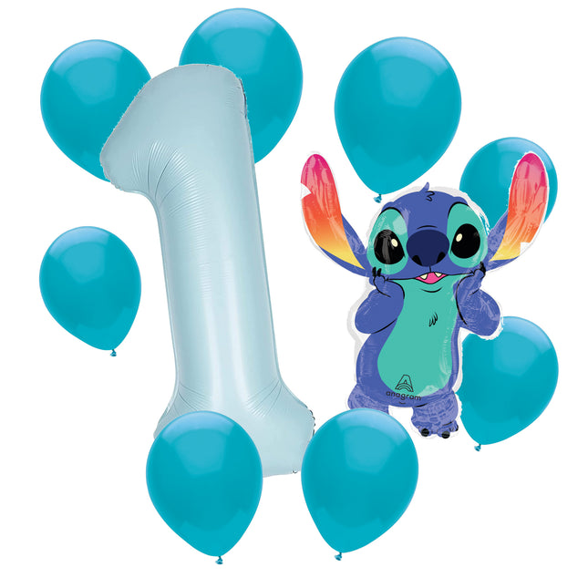 Stitch 1st birthday set main: number 1 foil, themed foil and 8 matching latex balloons