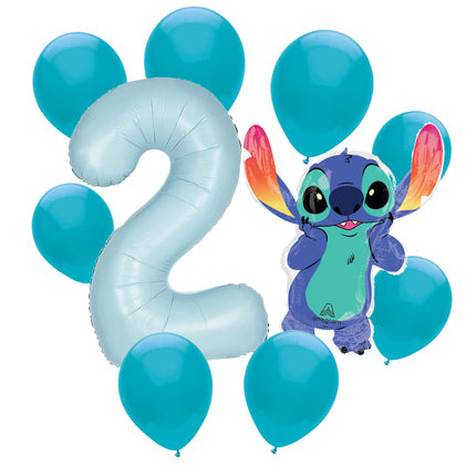Stitch 2nd birthday set main: number 2 foil, themed foil and 8 matching latex balloons
