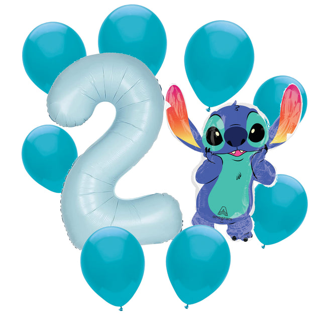 Stitch 2nd birthday set main: number 2 foil, themed foil and 8 matching latex balloons