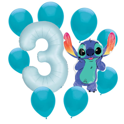 Stitch 3rd birthday set main: number 3 foil, themed foil and 8 matching latex balloons