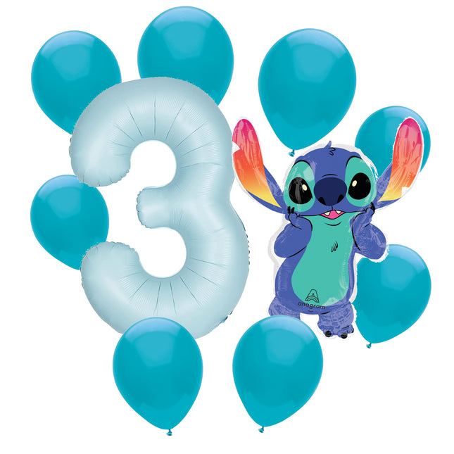 Stitch 3rd birthday set main: number 3 foil, themed foil and 8 matching latex balloons