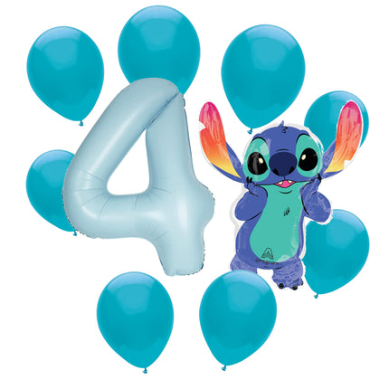 Stitch 4th birthday set main: number 4 foil, themed foil and 8 matching latex balloons