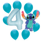 Stitch 4th birthday set main: number 4 foil, themed foil and 8 matching latex balloons