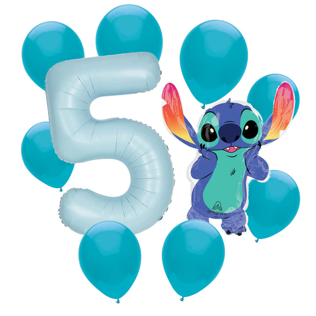 Stitch 5th birthday set main: number 5 foil, themed foil and 8 matching latex balloons