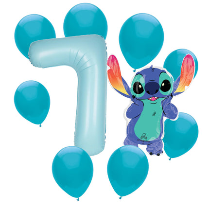 Stitch 7th birthday set main: number 7 foil, themed foil and 8 matching latex balloons