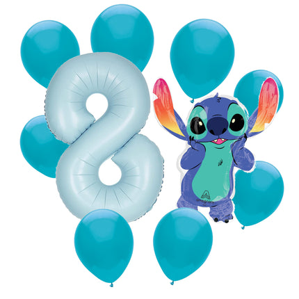 Stitch 8th birthday set main: number 8 foil, themed foil and 8 matching latex balloons