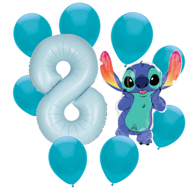 Stitch 8th birthday set main: number 8 foil, themed foil and 8 matching latex balloons