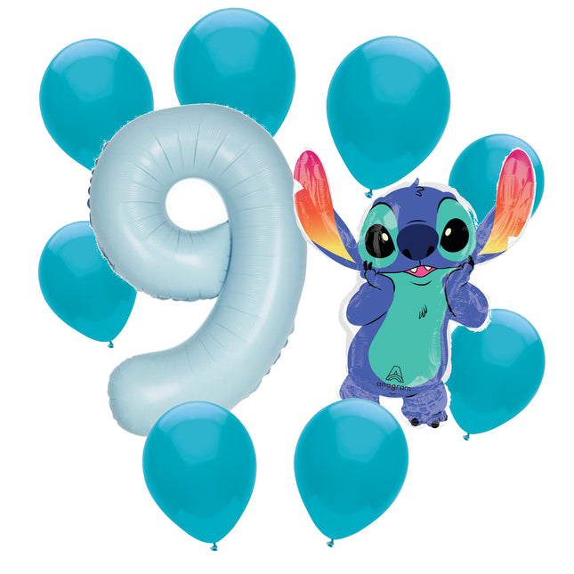 Stitch 9th birthday set main: number 9 foil, themed foil and 8 matching latex balloons