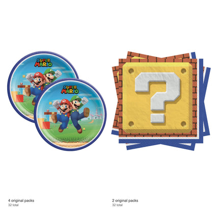 Super Mario Dinner Plates and Napkins Set for 32 Guests - included packs and quantities
