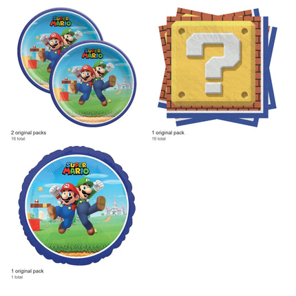 Super Mario Party Supplies and Foil Balloon Set for 16 Guests - included packs and quantities