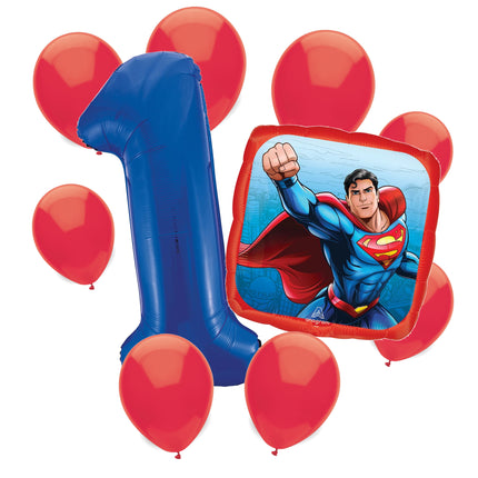 Superman 1st birthday set main: number 1 foil, themed foil and 8 matching latex balloons