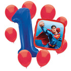 Superman 1st birthday set main: number 1 foil, themed foil and 8 matching latex balloons