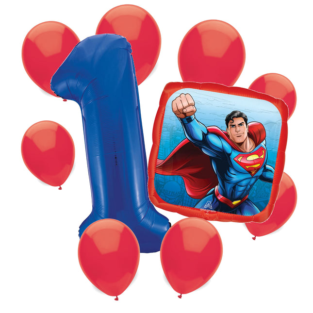 Superman 1st birthday set main: number 1 foil, themed foil and 8 matching latex balloons