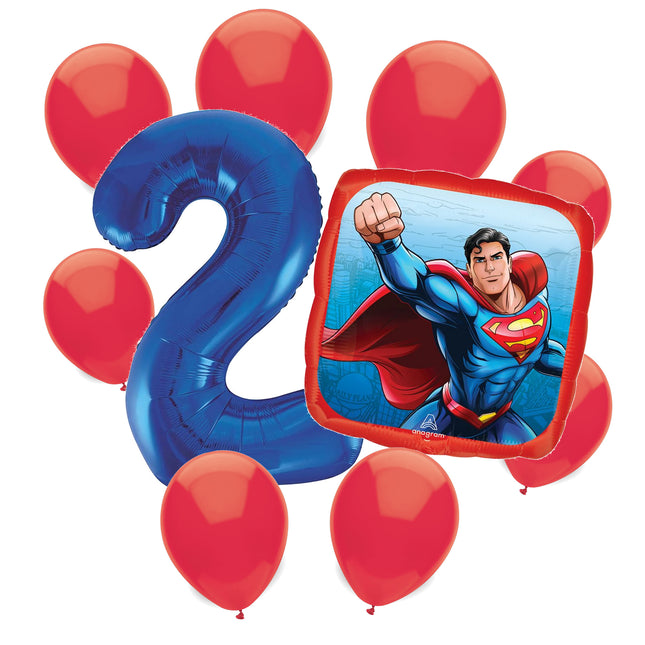 Superman 2nd birthday set main: number 2 foil, themed foil and 8 matching latex balloons