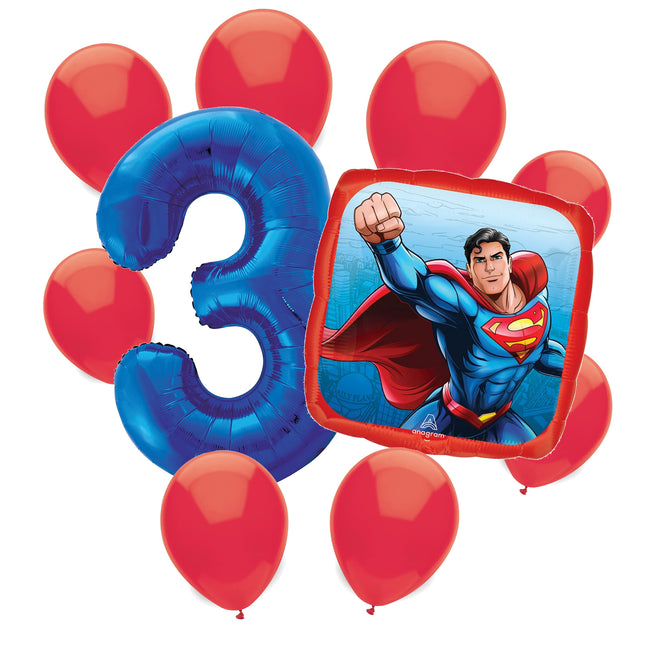 Superman 3rd birthday set main: number 3 foil, themed foil and 8 matching latex balloons
