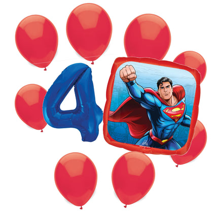 Superman 4th birthday set main: number 4 foil, themed foil and 8 matching latex balloons