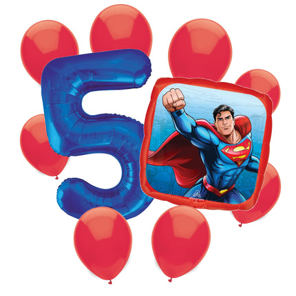 Superman 5th birthday set main: number 5 foil, themed foil and 8 matching latex balloons