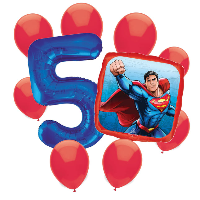 Superman 5th birthday set main: number 5 foil, themed foil and 8 matching latex balloons