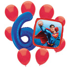 Superman 6th birthday set main: number 6 foil, themed foil and 8 matching latex balloons