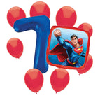 Superman 7th birthday set main: number 7 foil, themed foil and 8 matching latex balloons