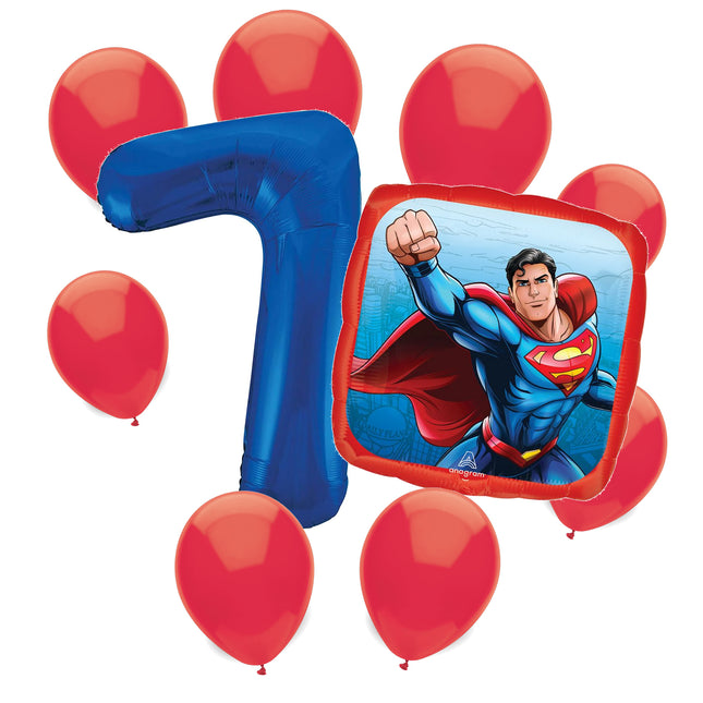 Superman 7th birthday set main: number 7 foil, themed foil and 8 matching latex balloons