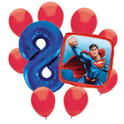 Superman 8th birthday set main: number 8 foil, themed foil and 8 matching latex balloons