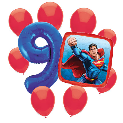 Superman 9th birthday set main: number 9 foil, themed foil and 8 matching latex balloons
