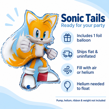 Sonic Tails Foil Balloon 26" – Character Birthday Decoration - inflation and included item information