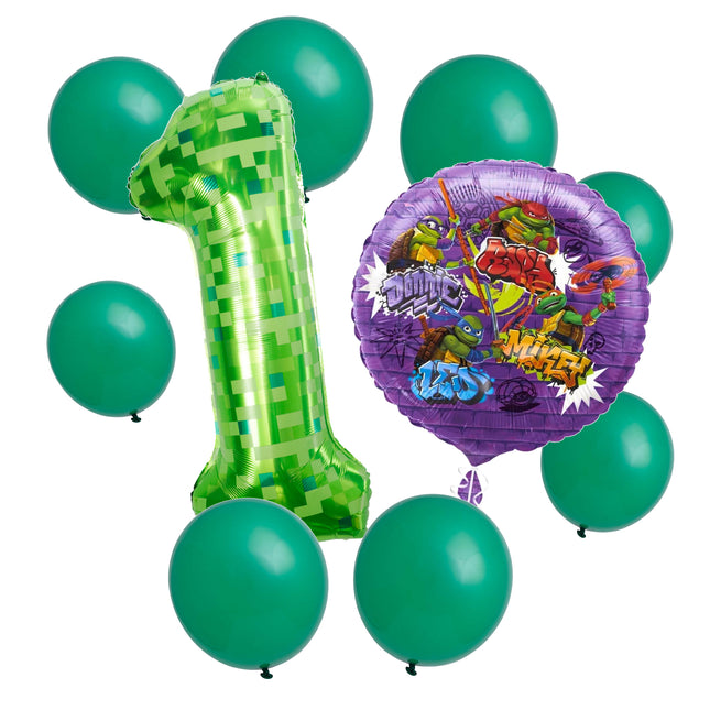 Teenage Mutant Ninja Turtles 1st birthday set main: number 1 foil, themed foil and 8 matching latex balloons