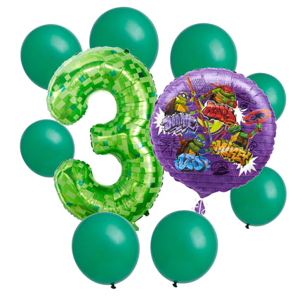 Teenage Mutant Ninja Turtles 3rd birthday set main: number 3 foil, themed foil and 8 matching latex balloons