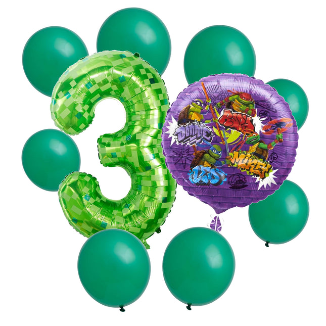 Teenage Mutant Ninja Turtles 3rd birthday set main: number 3 foil, themed foil and 8 matching latex balloons