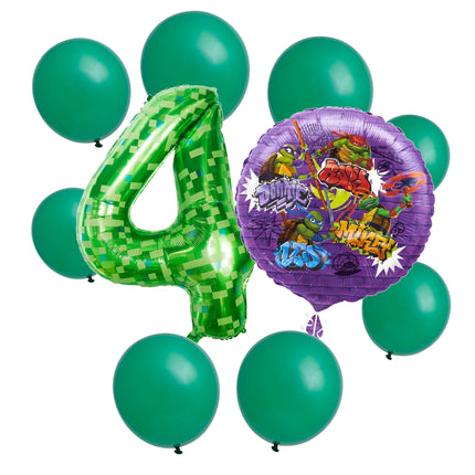 Teenage Mutant Ninja Turtles 4th birthday set main: number 4 foil, themed foil and 8 matching latex balloons