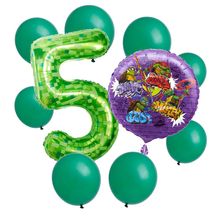 Teenage Mutant Ninja Turtles 5th birthday set main: number 5 foil, themed foil and 8 matching latex balloons