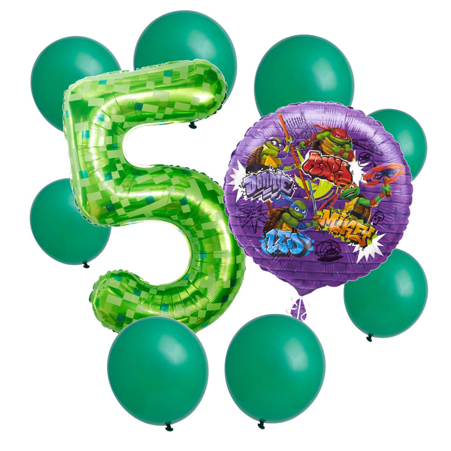 Teenage Mutant Ninja Turtles 5th birthday set main: number 5 foil, themed foil and 8 matching latex balloons