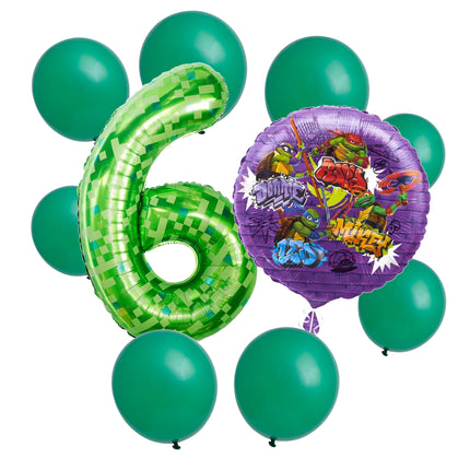Teenage Mutant Ninja Turtles 6th birthday set main: number 6 foil, themed foil and 8 matching latex balloons