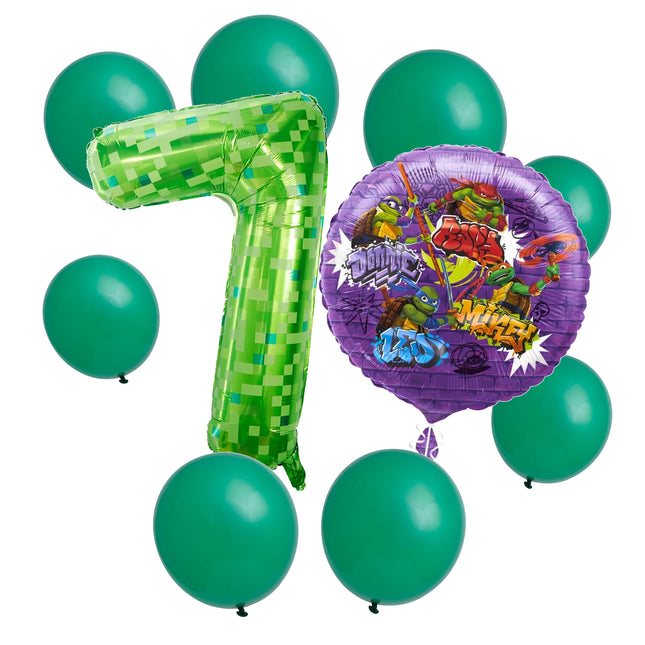 Teenage Mutant Ninja Turtles 7th birthday set main: number 7 foil, themed foil and 8 matching latex balloons