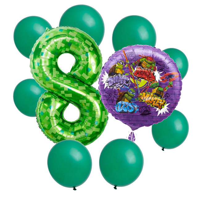 Teenage Mutant Ninja Turtles 8th birthday set main: number 8 foil, themed foil and 8 matching latex balloons