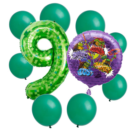 Teenage Mutant Ninja Turtles 9th birthday set main: number 9 foil, themed foil and 8 matching latex balloons