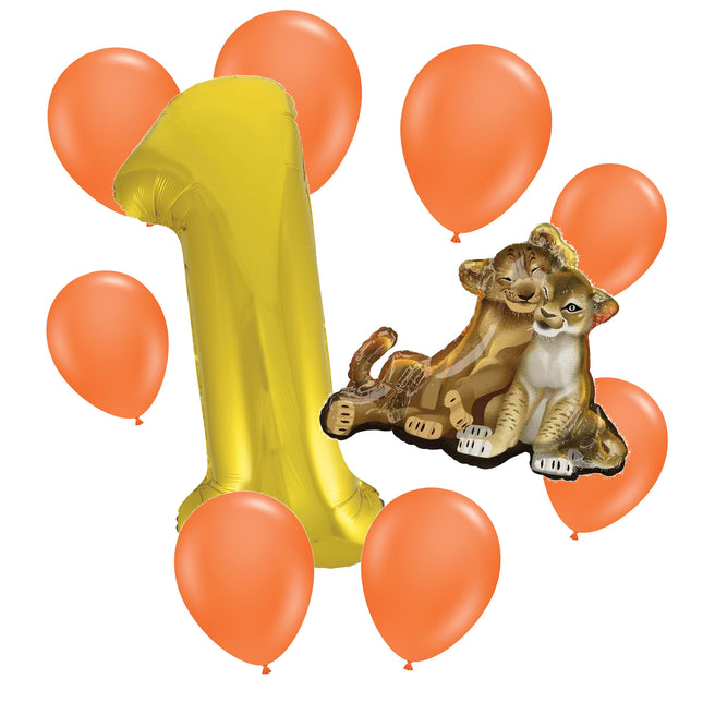 The Lion King 1st birthday set main: number 1 foil, themed foil and 8 matching latex balloons