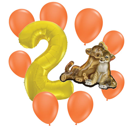 The Lion King 2nd birthday set main: number 2 foil, themed foil and 8 matching latex balloons