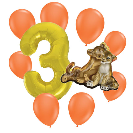 The Lion King 3rd birthday set main: number 3 foil, themed foil and 8 matching latex balloons