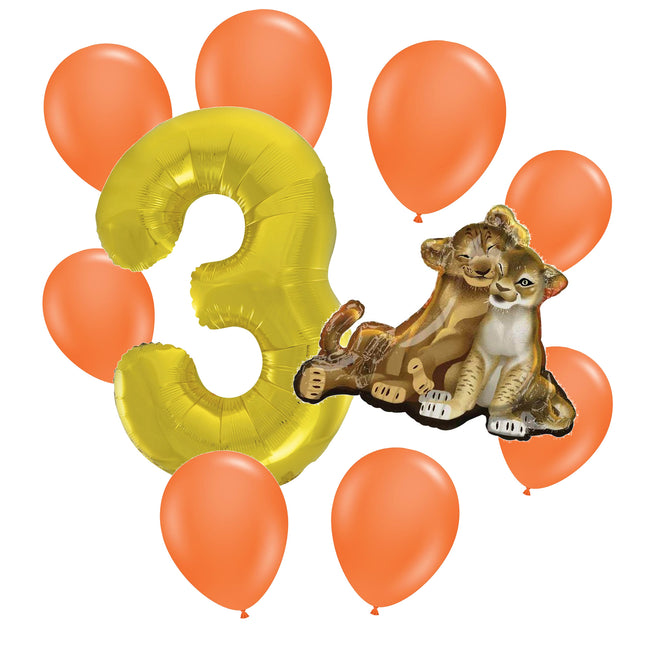 The Lion King 3rd birthday set main: number 3 foil, themed foil and 8 matching latex balloons