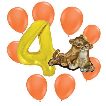 The Lion King 4th birthday set main: number 4 foil, themed foil and 8 matching latex balloons