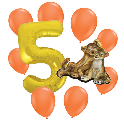 The Lion King 5th birthday set main: number 5 foil, themed foil and 8 matching latex balloons